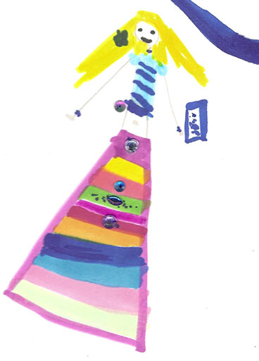 A child's painting of a dancer in a rainbow dress