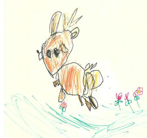 A child's colored-pencil drawing of a deer among flowers