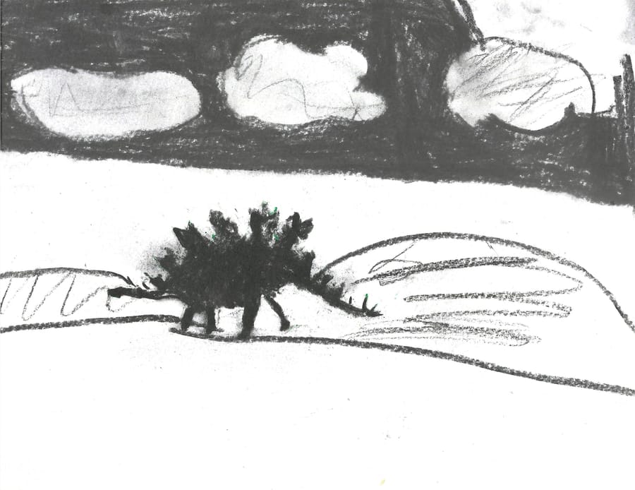 A child's charcoal drawing of a dinosaur