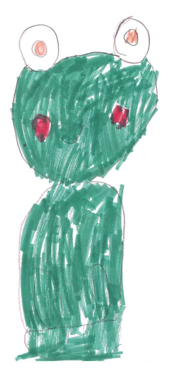 A child's green marker drawing of a frog