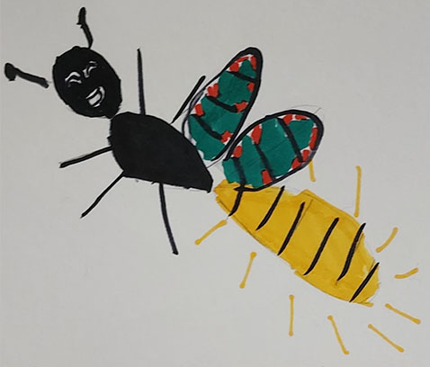 A child's drawing of a smiling firefly