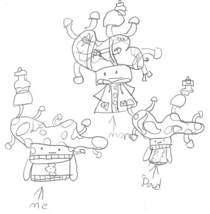 A child's pencil drawing of the family, labeled me, mom, and Dad