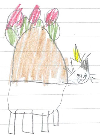 A child's drawing of a horned animal among tulips
