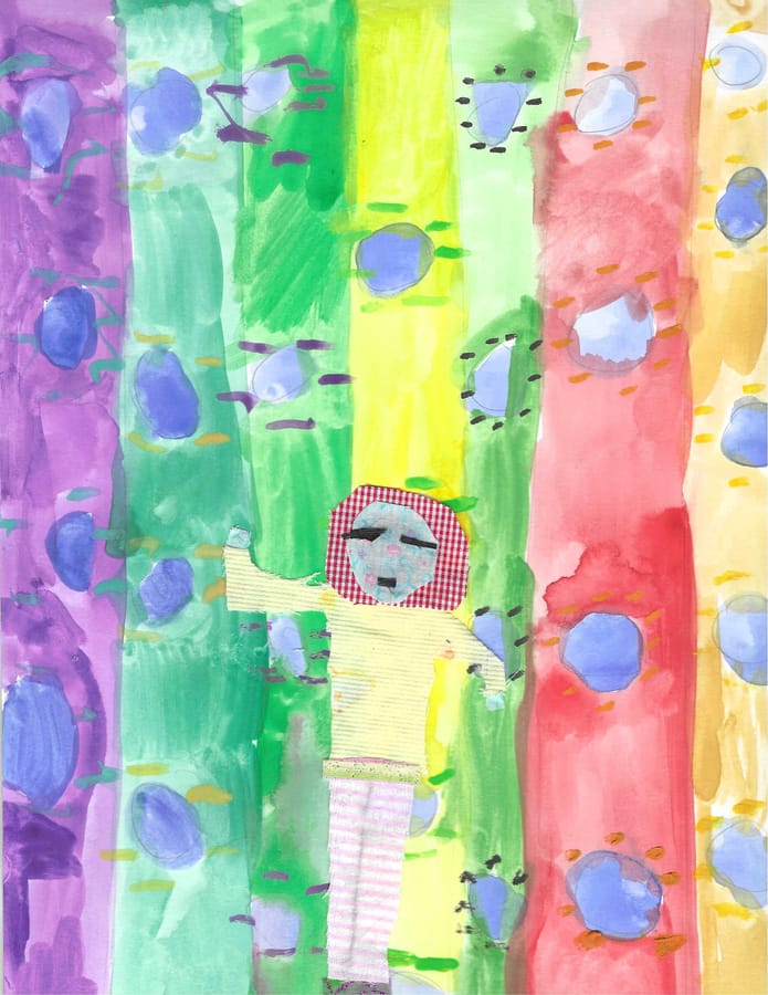 A child's rainbow watercolor painting with a small collaged figure
