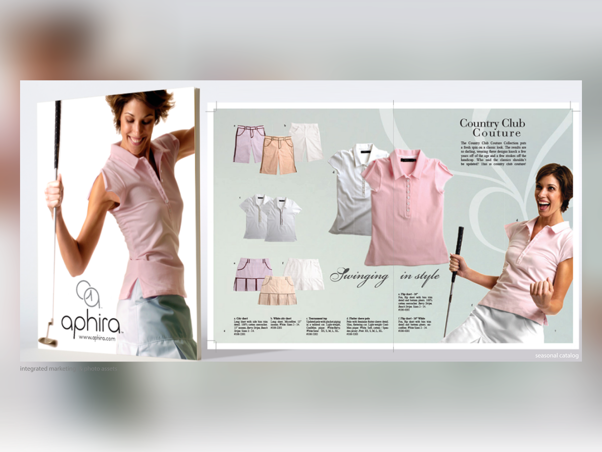 Aphira Country Club Couture catalog spread with models in golf apparel and product photography.