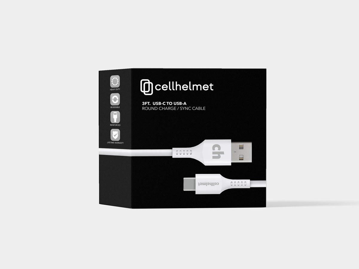 cellhelmet black retail packaging for a USB-C charge and sync cable in the 2022 rebrand identity.