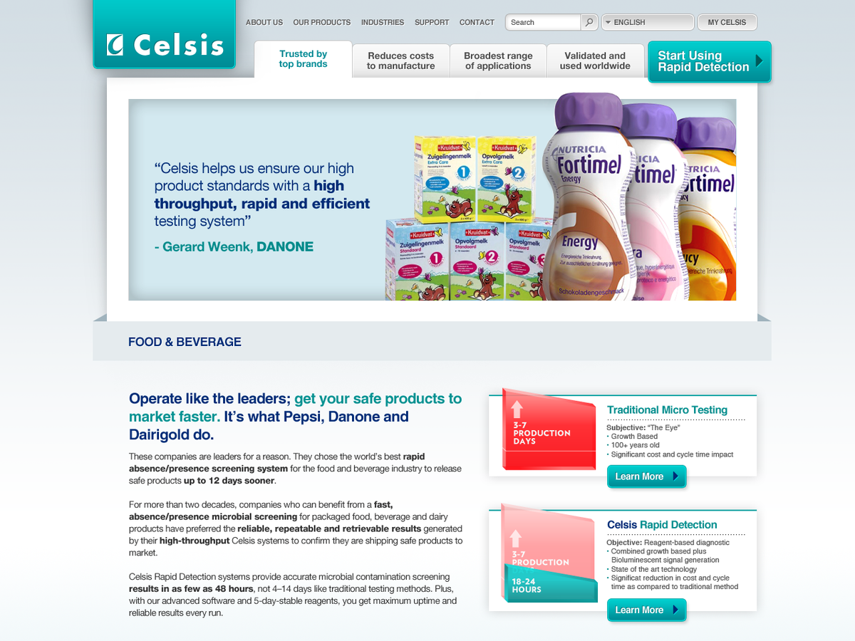Celsis International corporate homepage with a product hero, a Danone testimonial, and a Food and Beverage section.