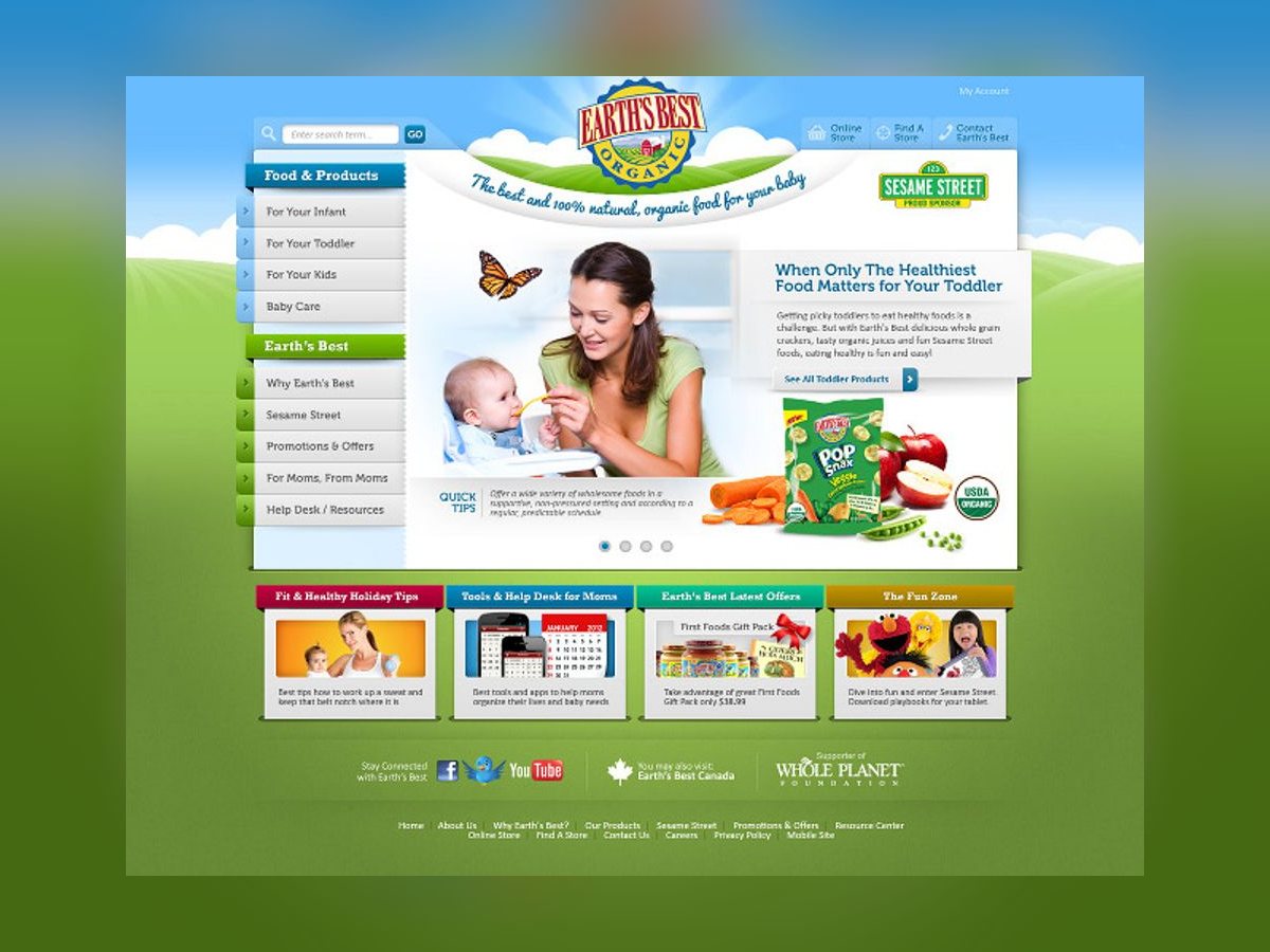Earth's Best Organic homepage: a mother feeding a baby, life-stage navigation, and a Sesame Street sponsorship badge.