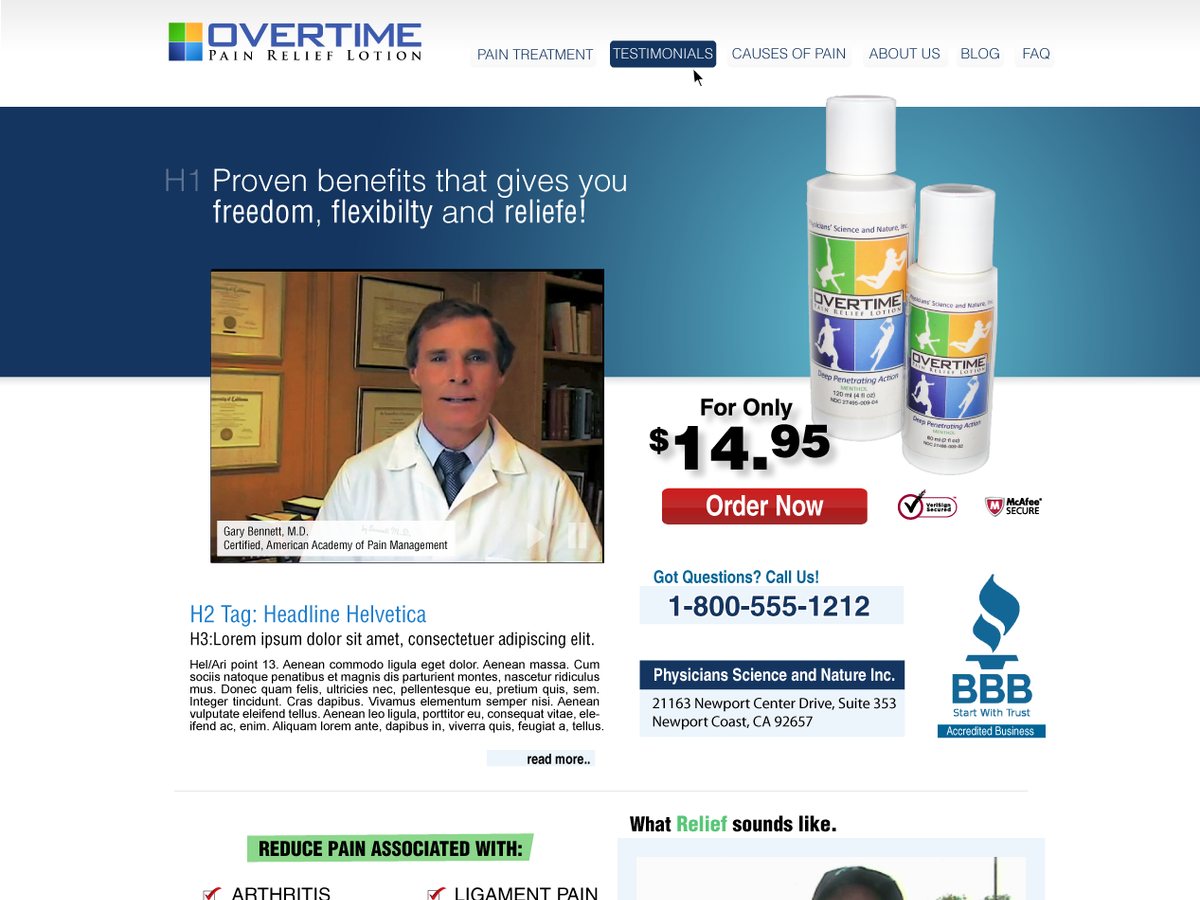 Overtime Pain Relief landing page concept with a physician testimonial, product bottles, a clear price and order button, and trust badges.