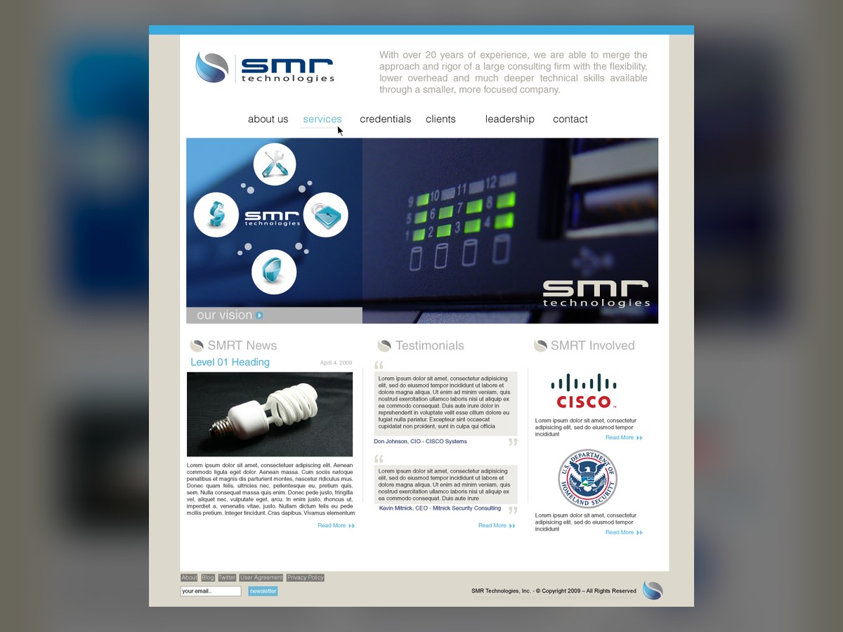 SMR Technologies homepage design: the blue swoosh logo, a clean navigation, a hero of service and security icons over server hardware, and news and testimonial columns.