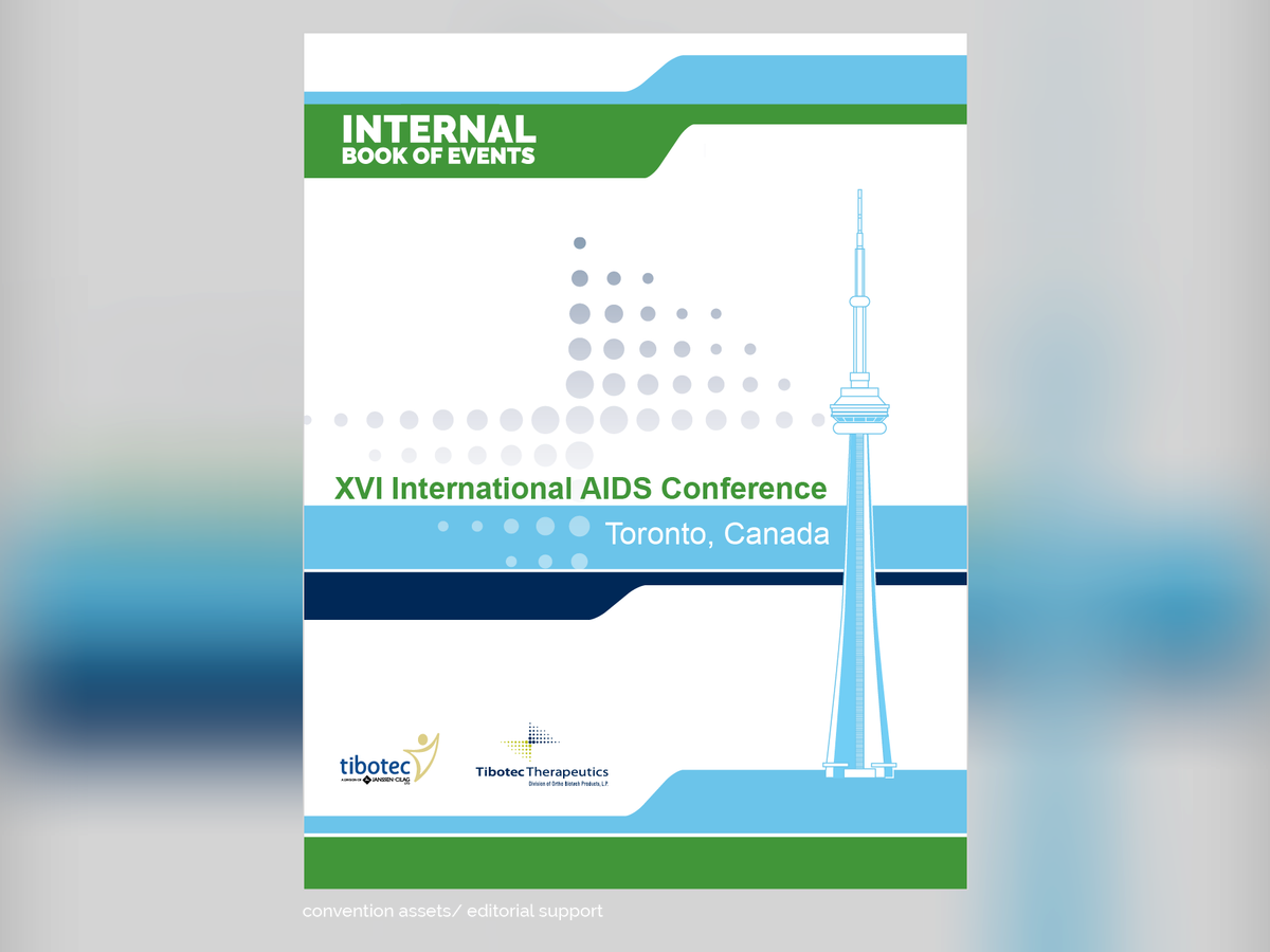 Tibotec Internal Book of Events cover for the XVI International AIDS Conference in Toronto, with a CN Tower illustration.