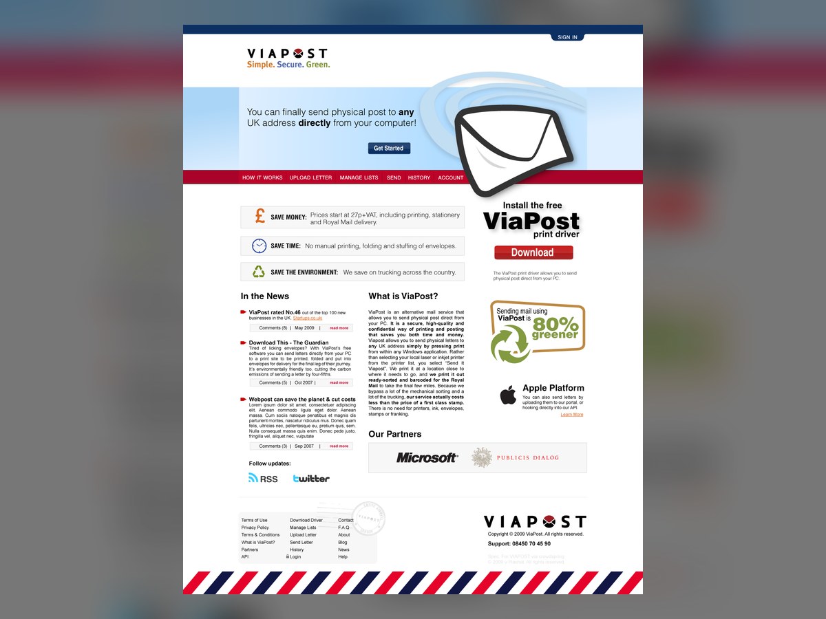 ViaPost homepage design: the envelope logo with Simple, Secure, Green tagline, a hero explaining you can send physical post to any UK address, and a print-driver download.